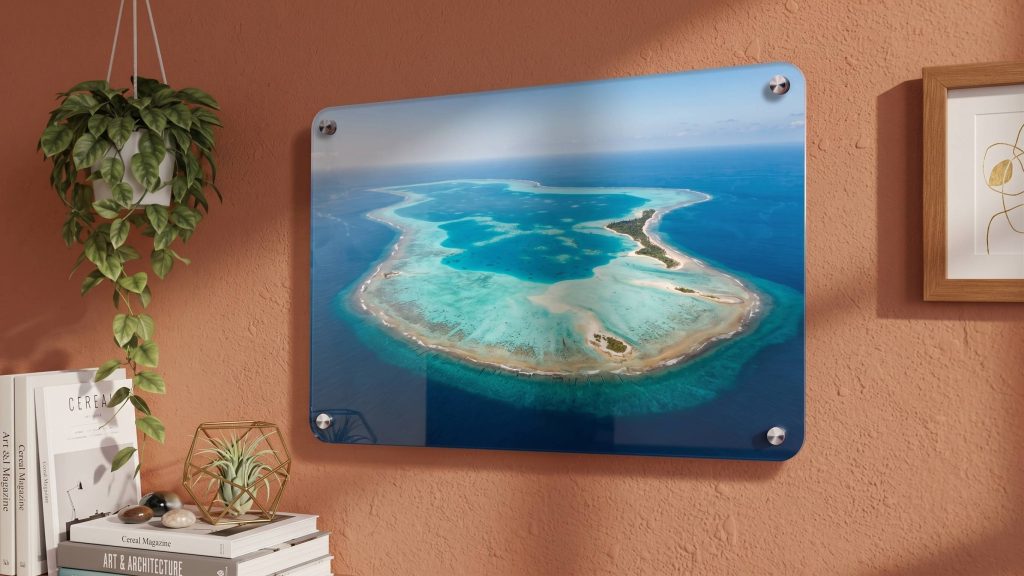 Sample acrylic photo print mounted on a terracotta wall with standoffs