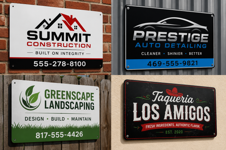 Grid of custom aluminum signs for construction, auto detailing, landscaping and restaurant businesses