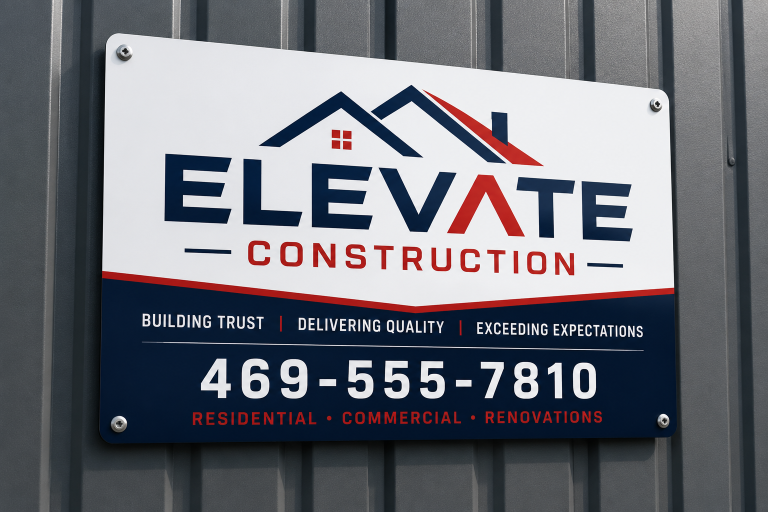 Elevate Construction white aluminum sign with bold red and navy branding on metal siding
