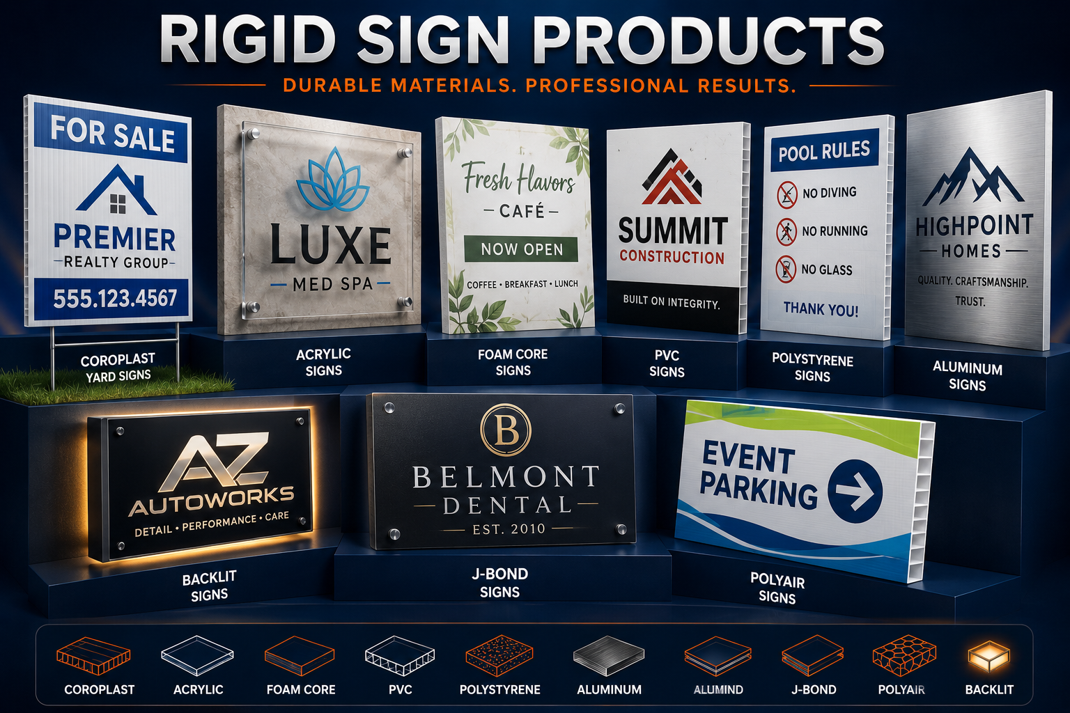 Rigid signs including Coroplast, acrylic, PVC and aluminum