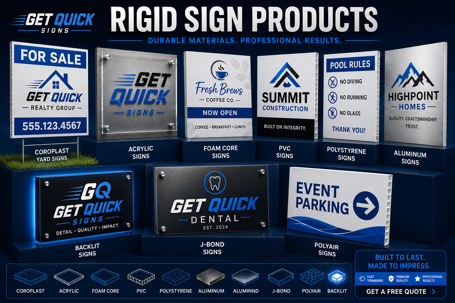 Rigid sign products including Coroplast, PVC, aluminum and plastic signs