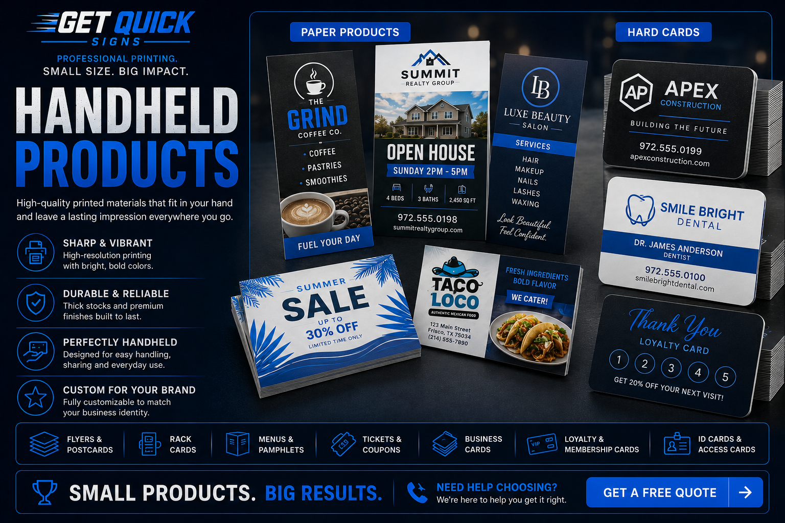 Printed handheld products including business cards, postcards and promotional materials