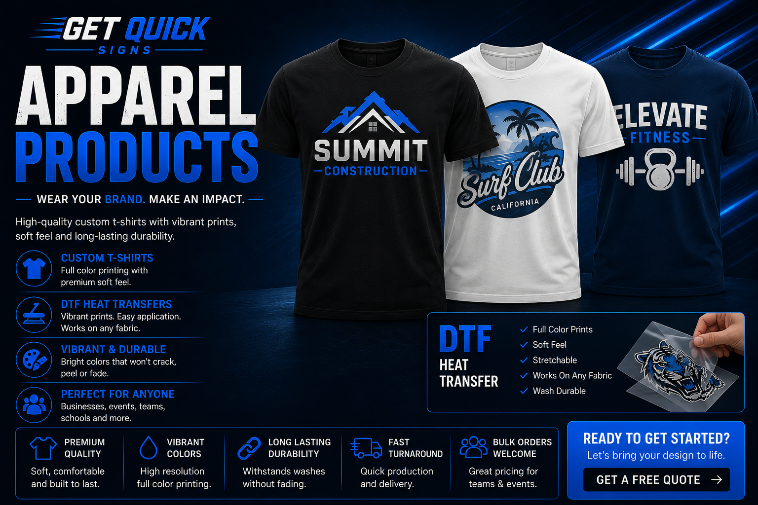 Custom apparel, printed shirts and DTF heat transfer products