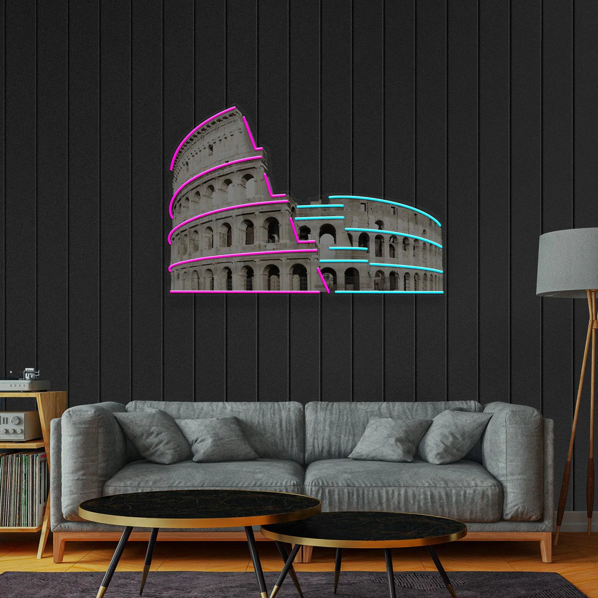 Roman Colosseum LED neon sign shown in a room setting