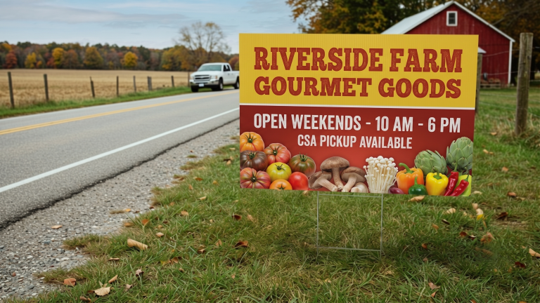 custom corrugated plastic roadside sign for a farm goods stand with produce artwork