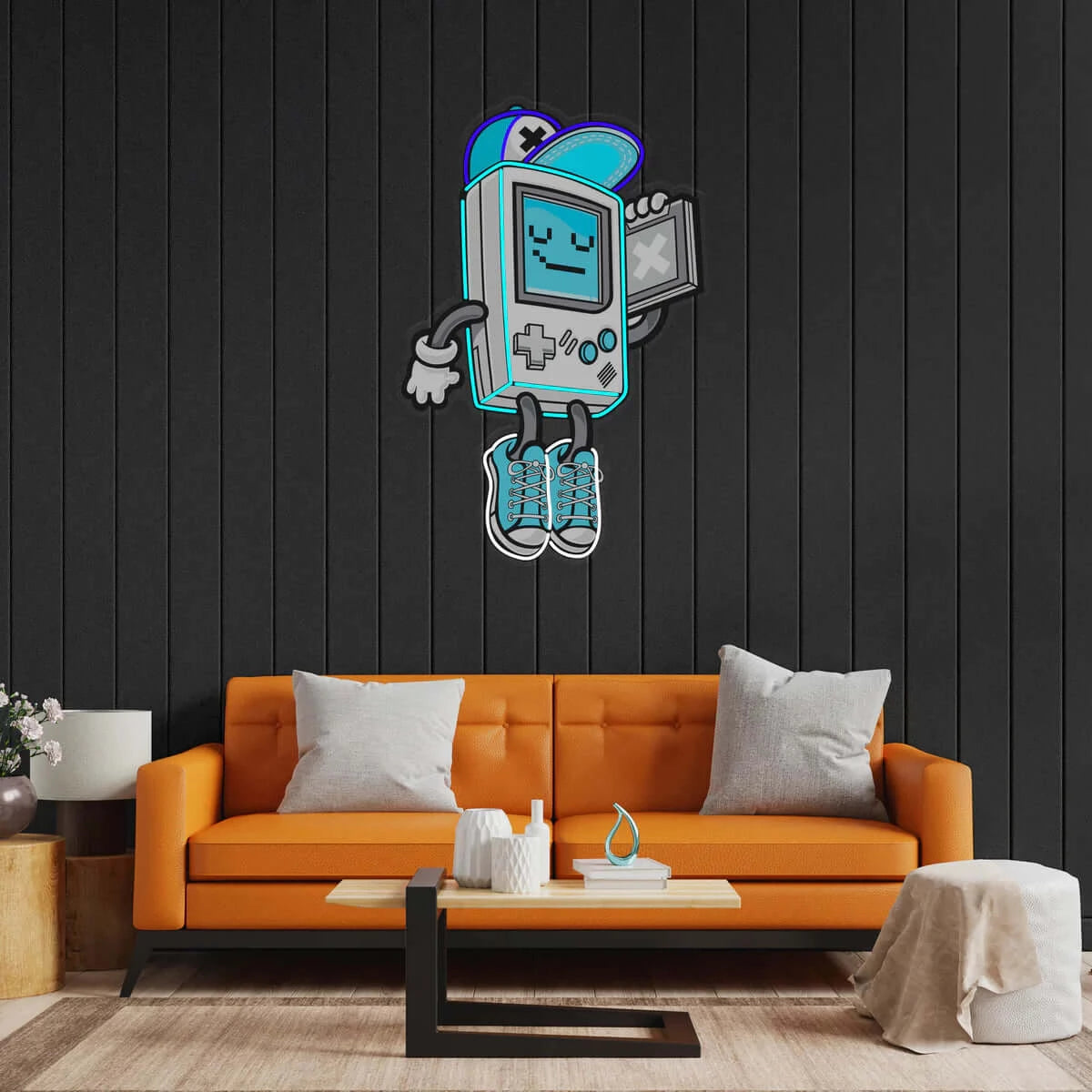 Gameboy LED neon sign shown in a room setting