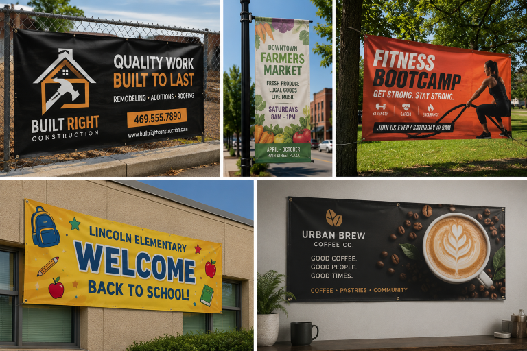 Collage of HD vinyl banners for construction, farmers market, fitness bootcamp, school welcome and coffee shops
