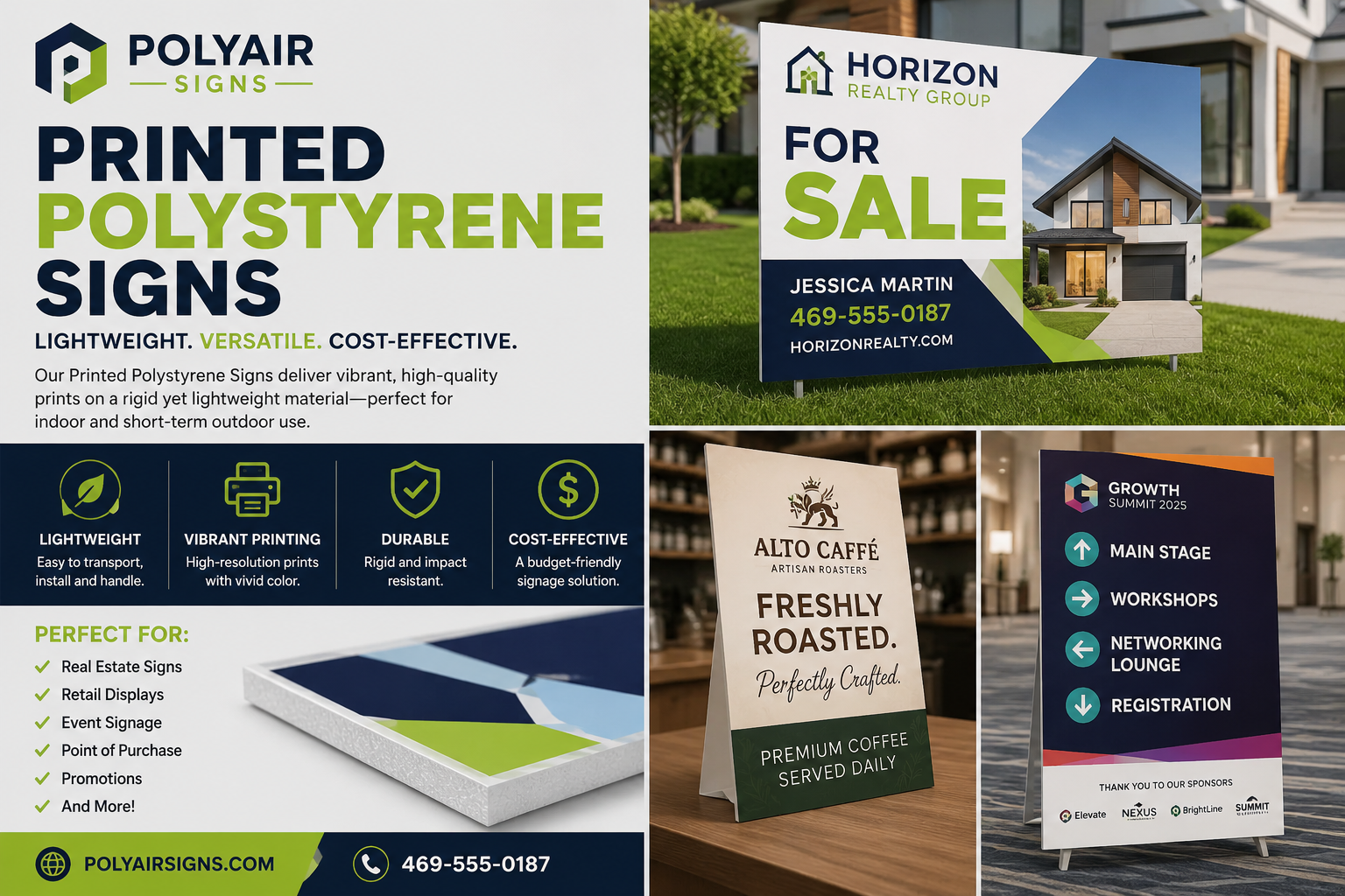 Printed polystyrene signs promo collage with feature call-outs and real estate sign examples