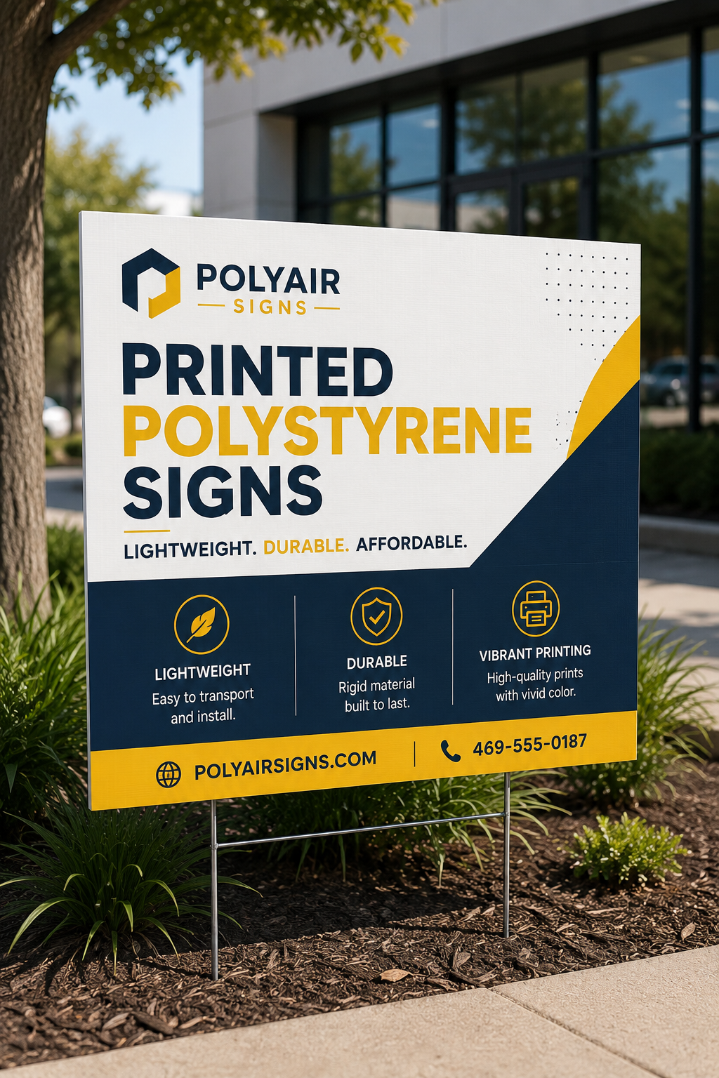 Printed polystyrene sign on a sidewalk stand outside a storefront