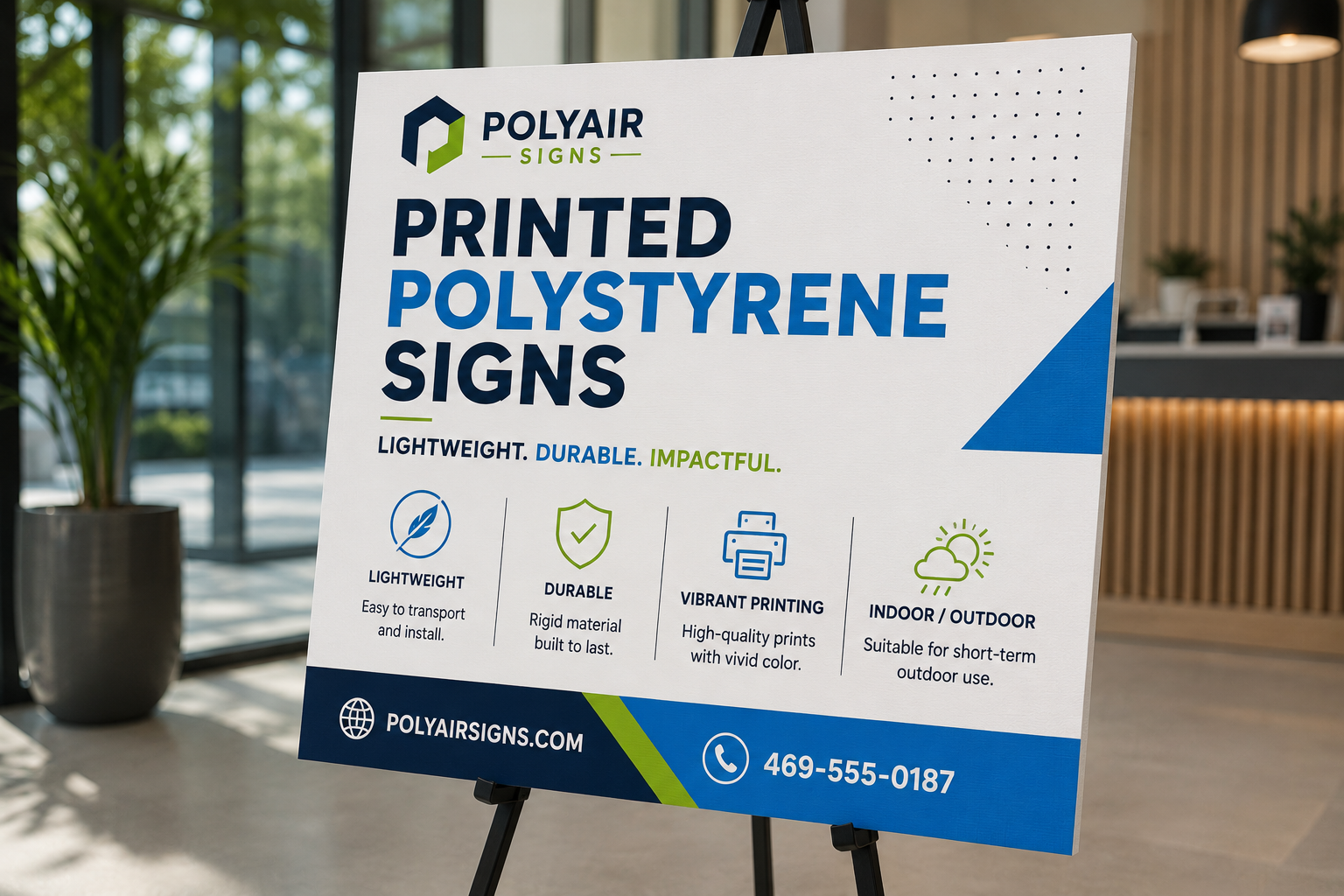 Printed polystyrene signs display board on an easel with feature icons