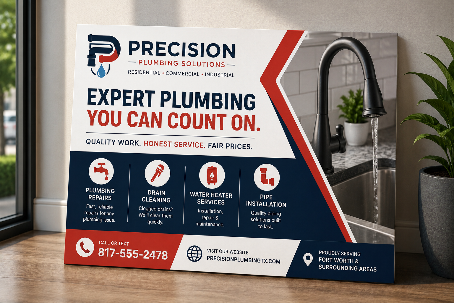 Precision Plumbing polystyrene sign with expert-plumbing design on a tabletop