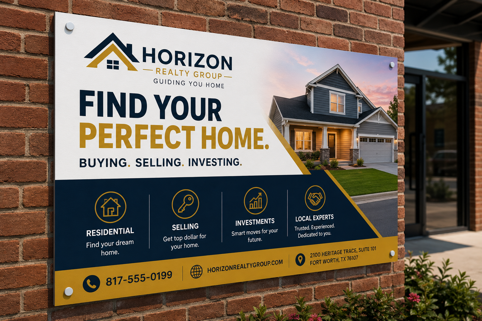 Horizon Realty find-your-perfect-home polystyrene sign mounted on a brick wall