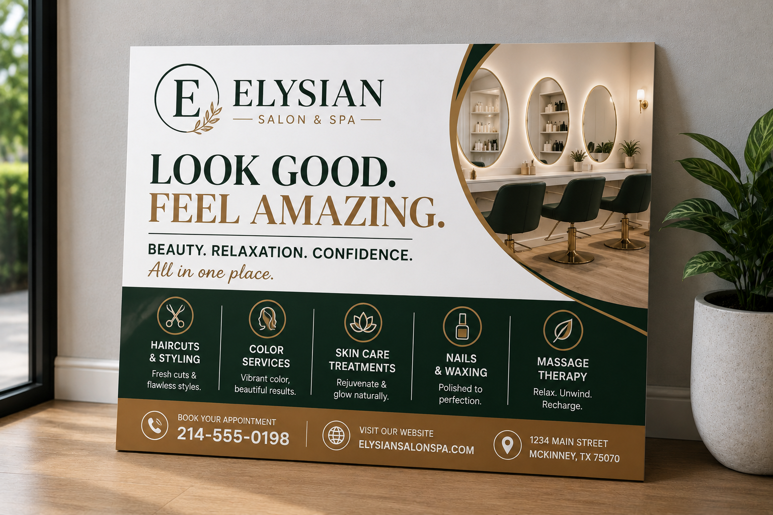 Elysian salon look-good-feel-amazing polystyrene sign on a counter