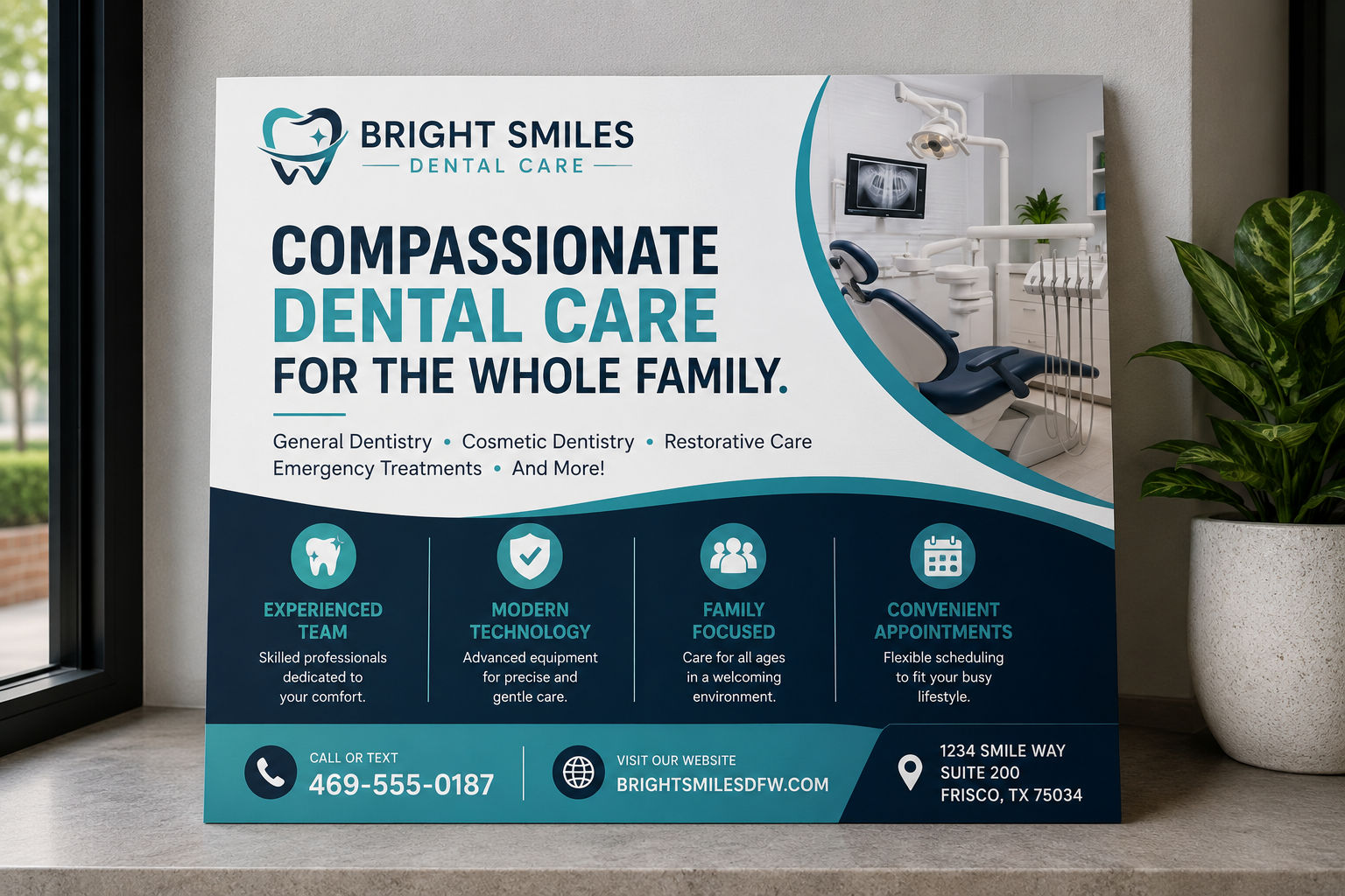 Bright Smiles dental care polystyrene sign in a dental office window