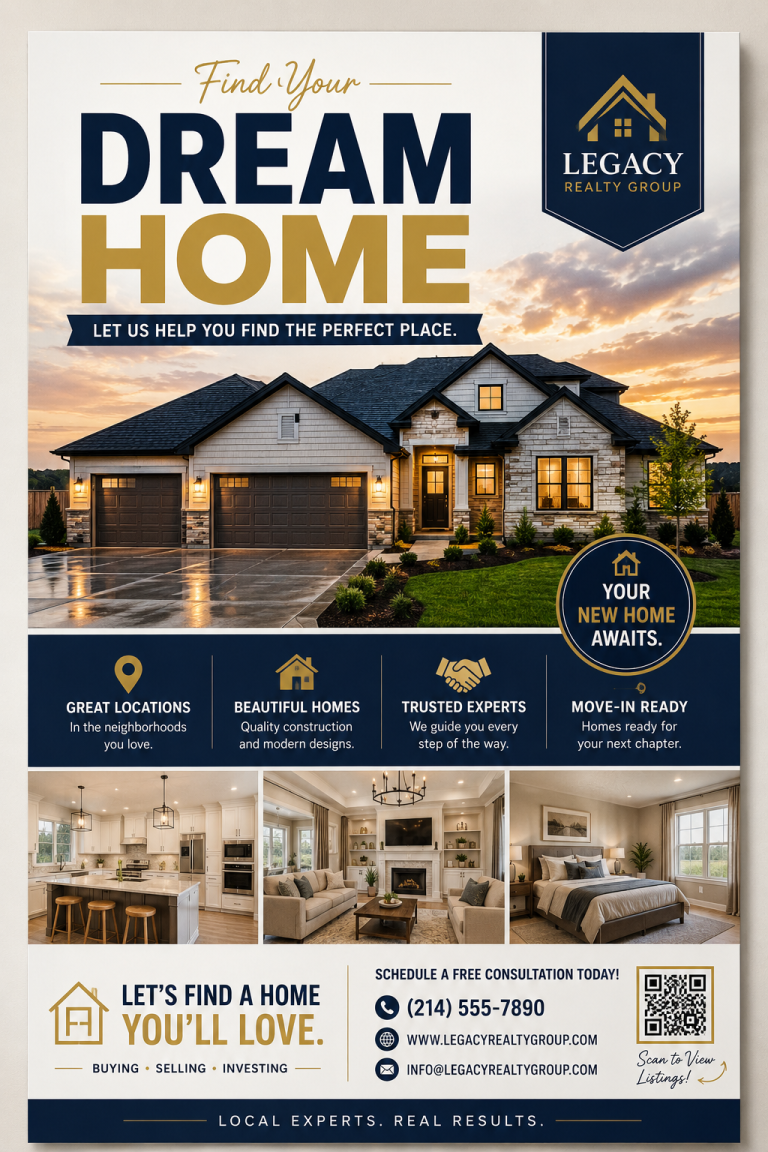 Real estate dream home poster with property photos and QR code