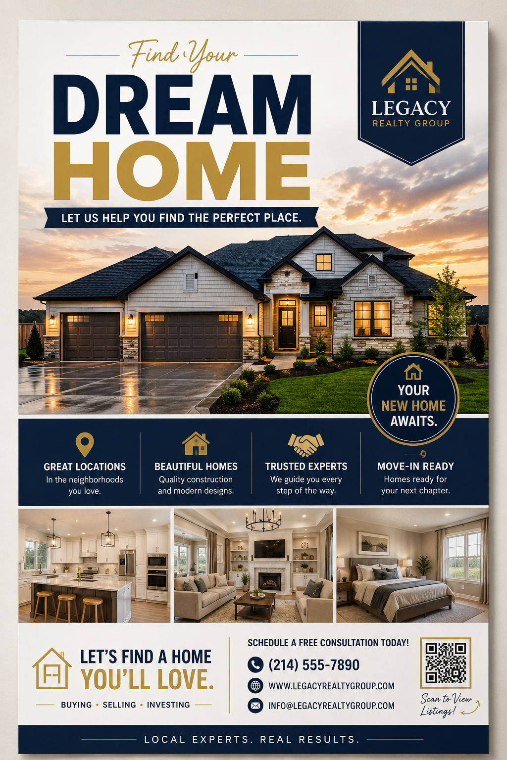 Real estate dream home poster with property photos and QR code