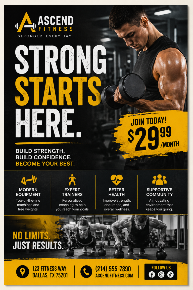 Gym membership promo poster with bold black and yellow fitness design