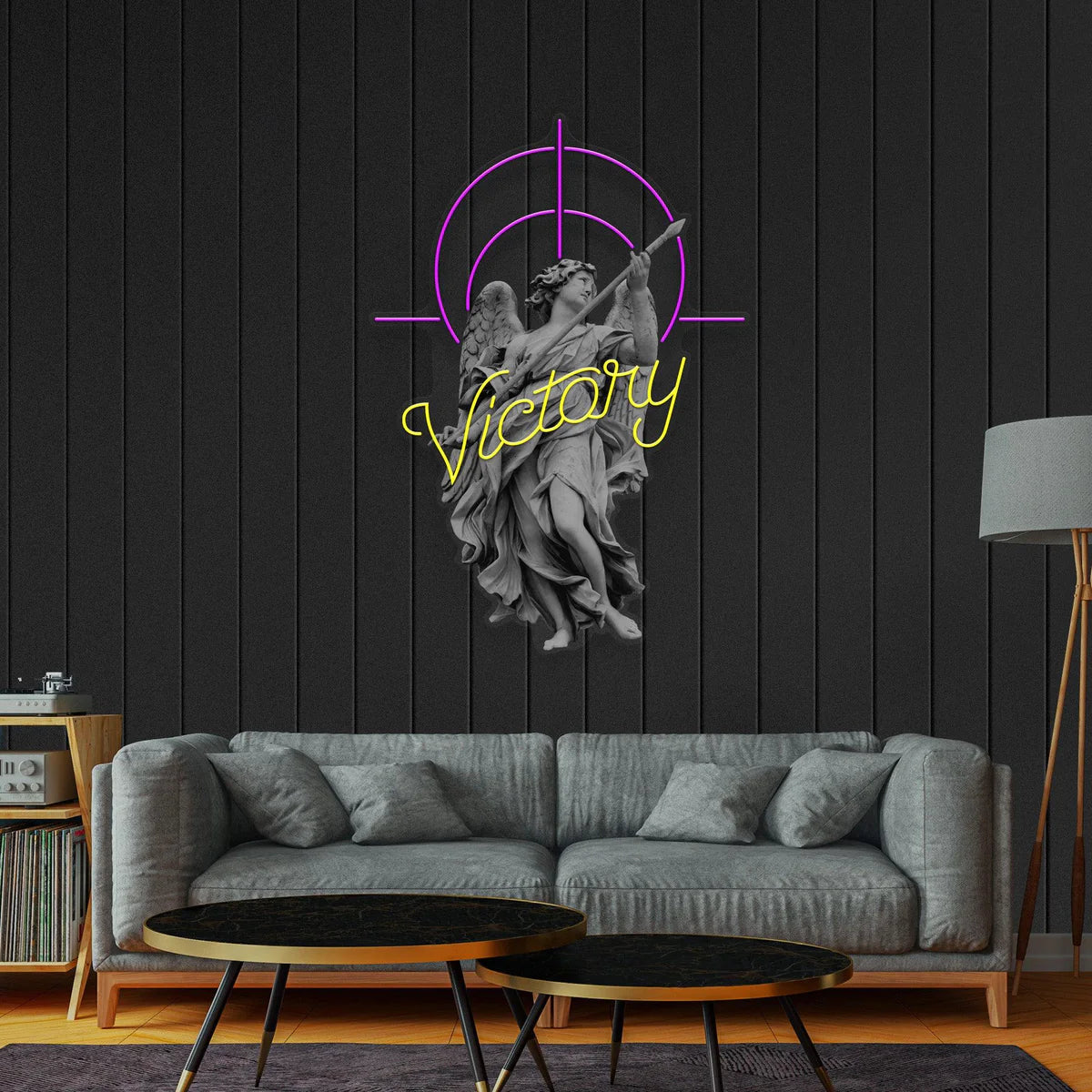 Victory Angel LED neon sign shown in a room setting