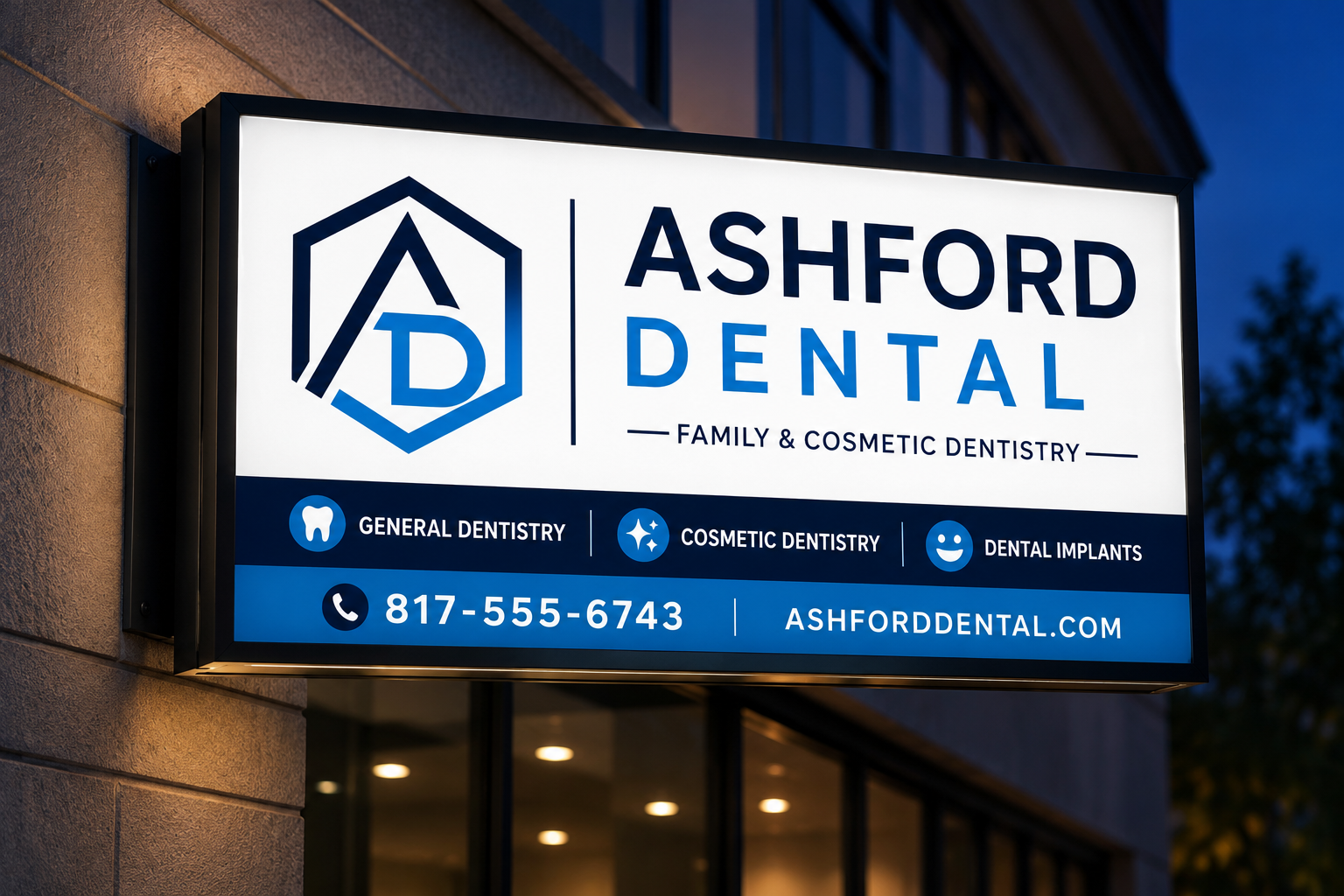 Ashford Dental backlit lightbox storefront sign glowing at dusk