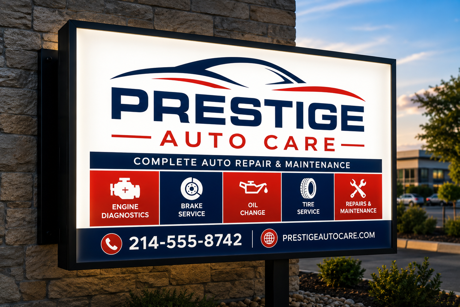Prestige Auto Care backlit lightbox sign mounted on a stone storefront