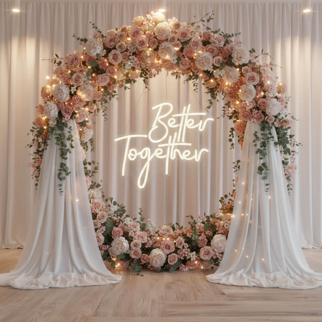 Better Together Wedding LED Neon Sign shown in a room setting