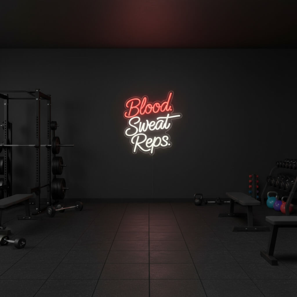 Blood Sweat Reps – Gym LED Neon Sign shown in a room setting