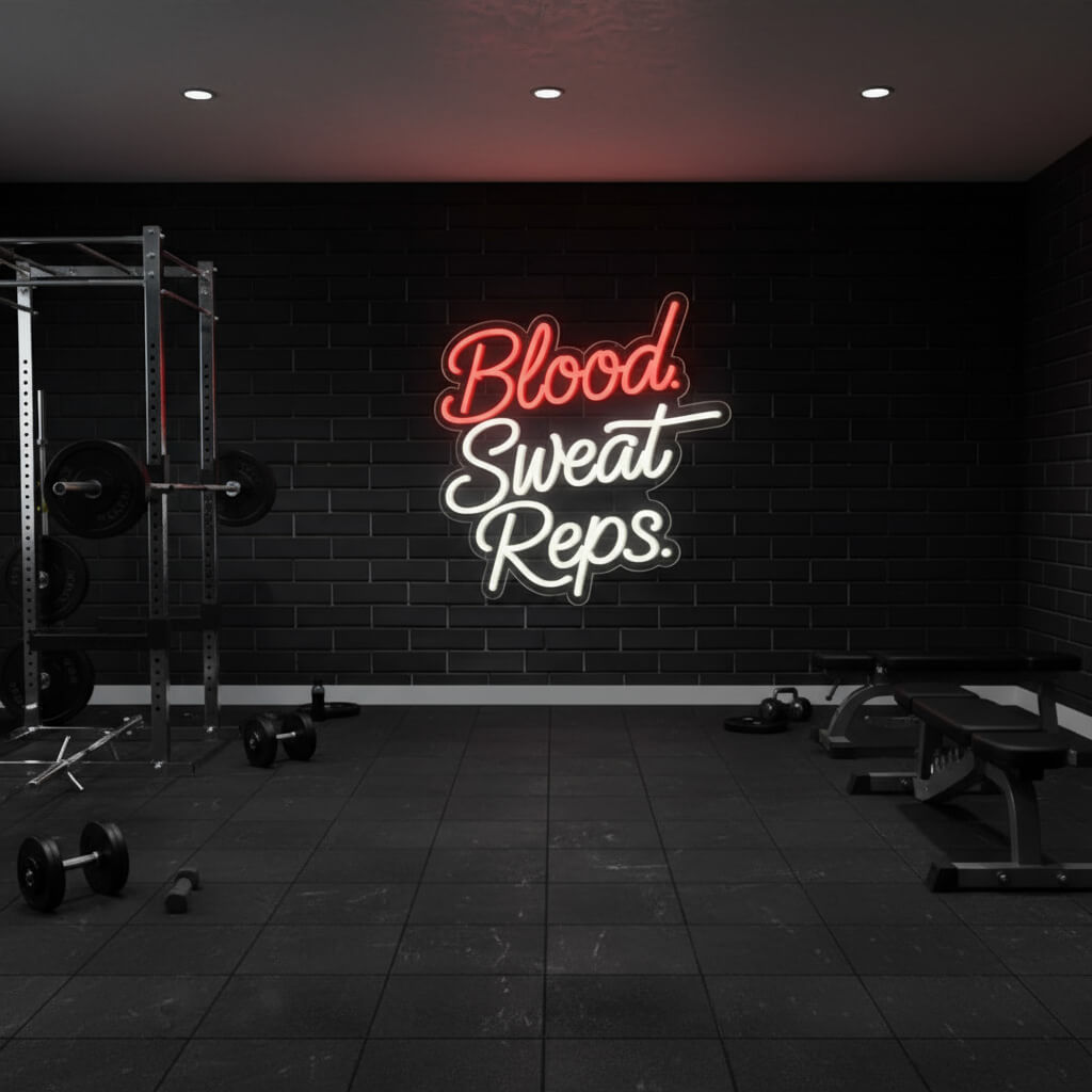 Blood Sweat Reps – Gym LED Neon Sign shown in a room setting