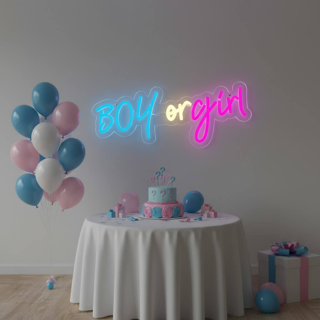 Boy or Girl Gender Reveal Events Decor LED Neon Sign shown in a room setting