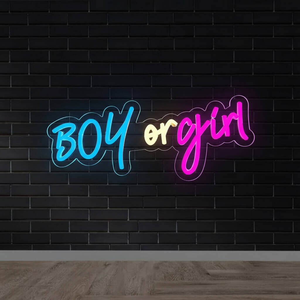 Boy or Girl Gender Reveal Events Decor LED Neon Sign shown in a room setting
