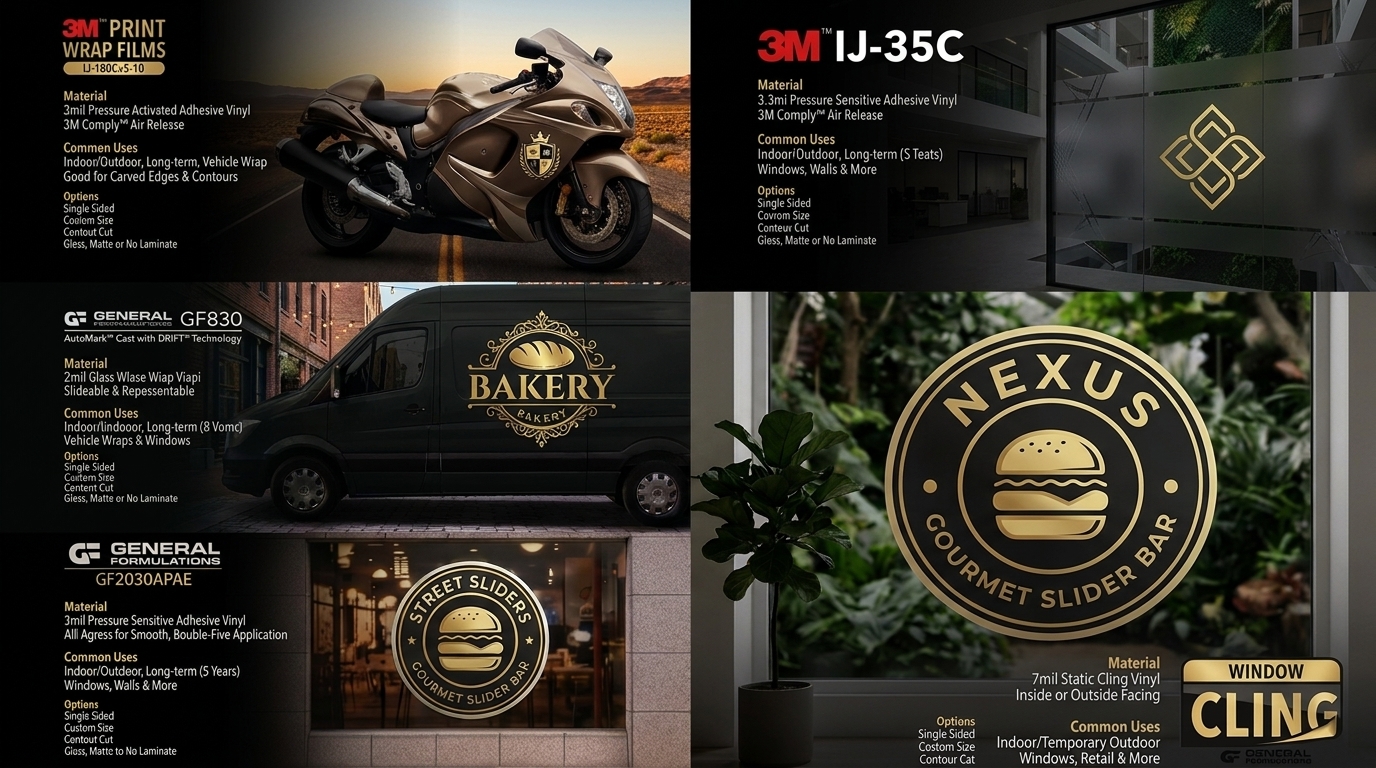 Catalog spread with 3M IJ-35C vehicle graphics, bakery van wrap and window cling mockups
