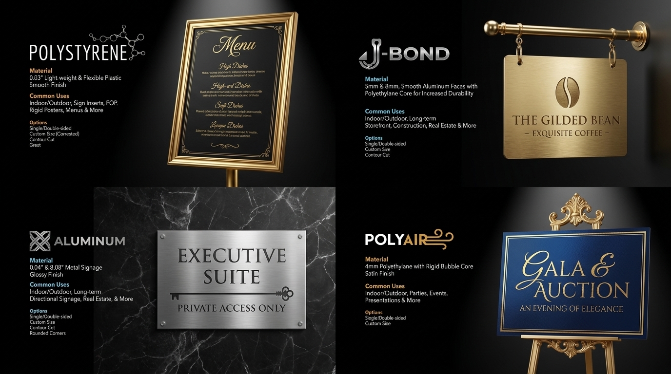 GetQuickSigns catalog spread with polystyrene, J-Bond, aluminum and PolyAir rigid sign samples in gold and marble mockups