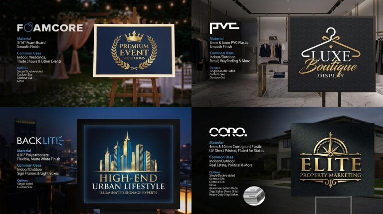 Catalog spread of foamcore, PVC, backlite and coro sign samples in premium mockups