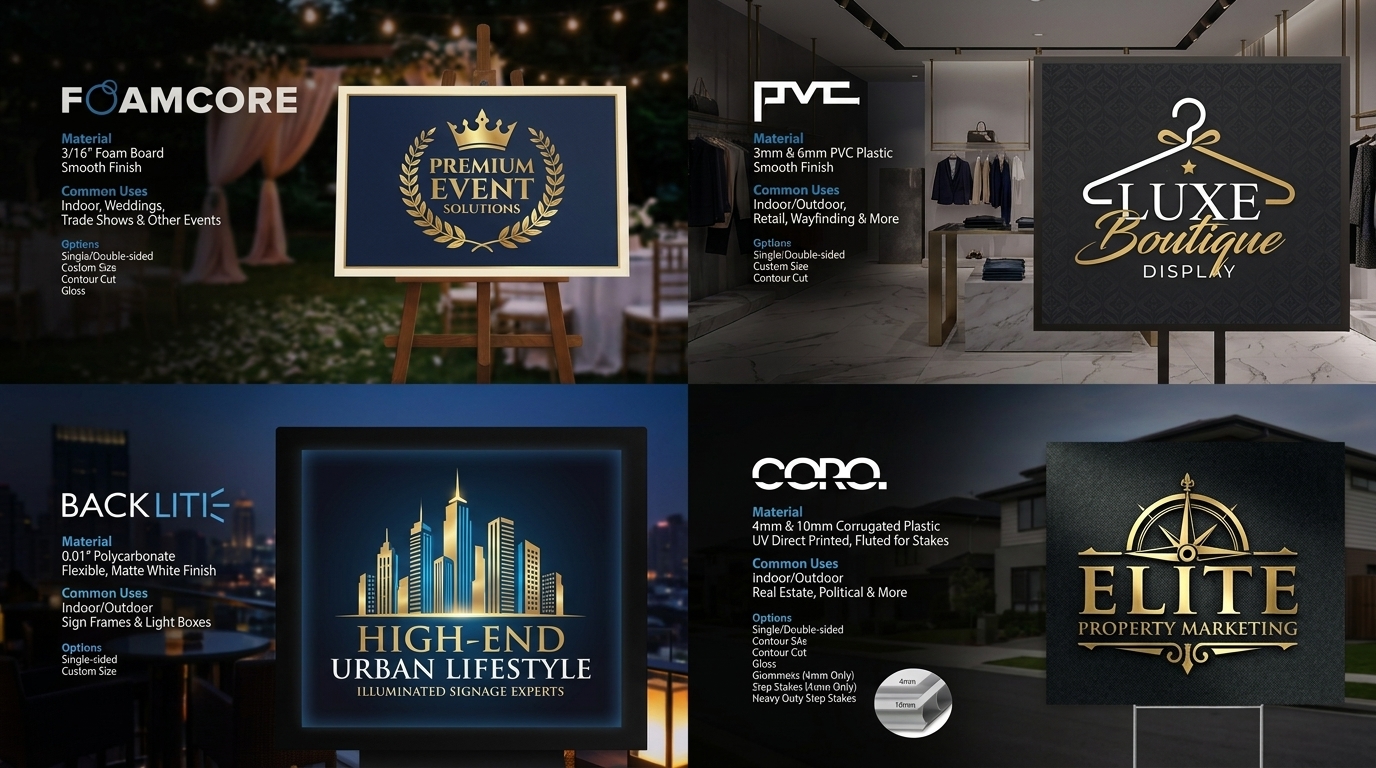 Catalog spread of foamcore, PVC, backlite and coro sign samples in premium mockups