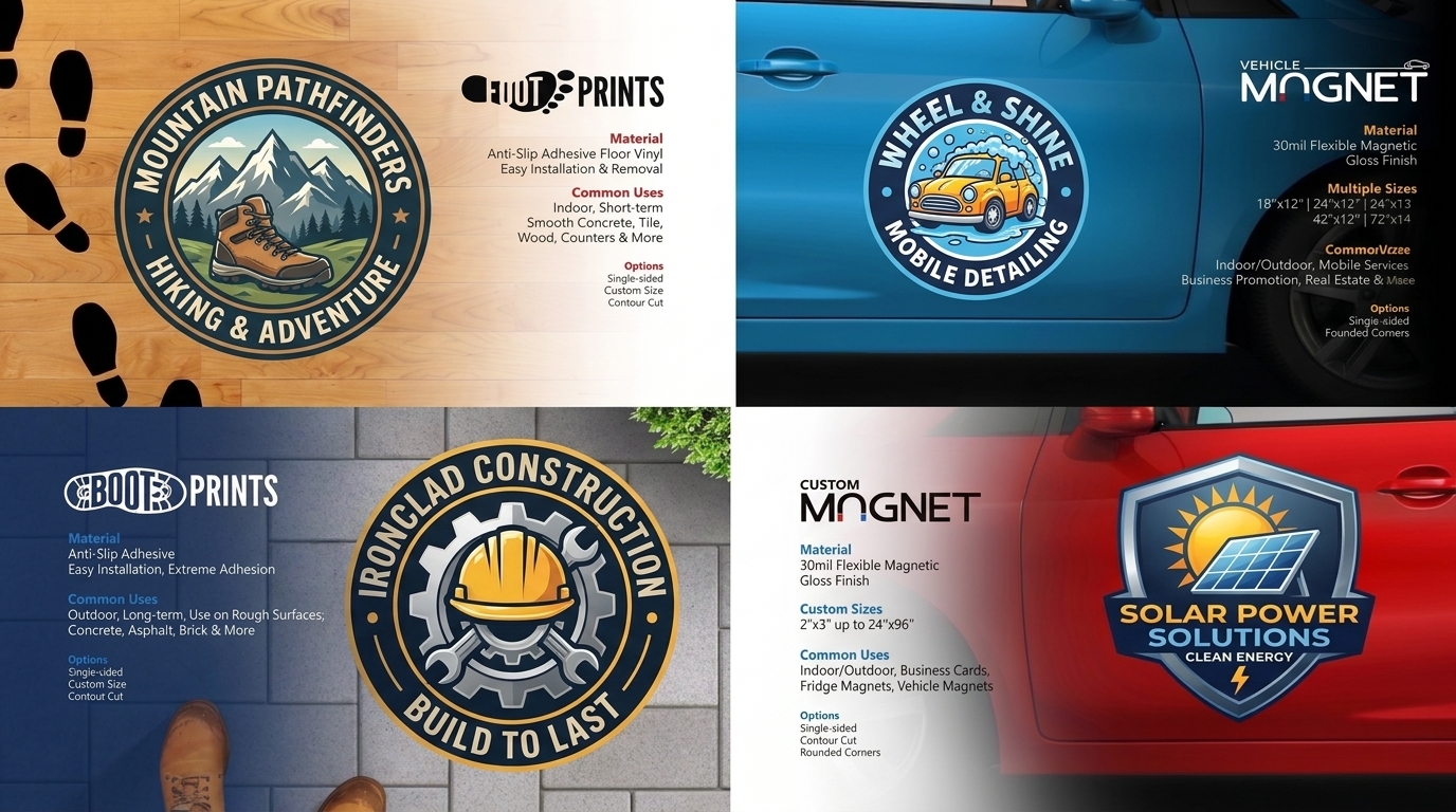 Catalog spread with floor print graphics, vehicle magnets and rigid badge sign designs