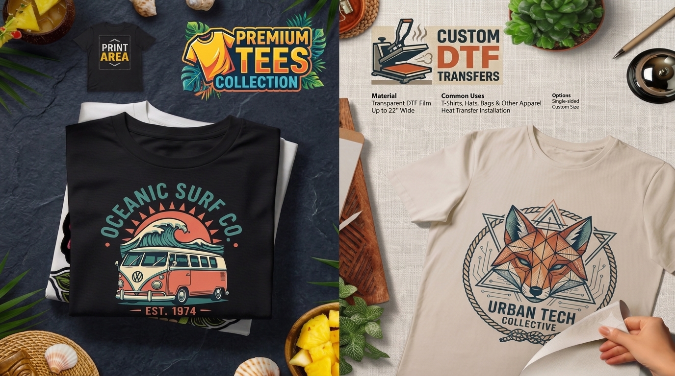 Catalog spread of premium printed tees and custom DTF transfer designs