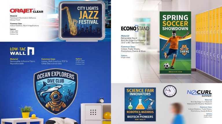 Catalog spread with low-tac wall graphics, jazz festival poster, soccer poster and school signage mockups