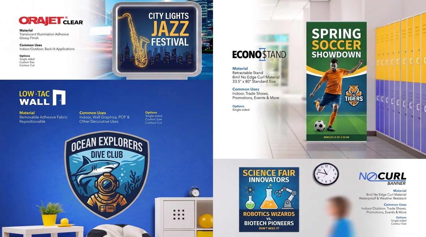 Catalog spread with low-tac wall graphics, jazz festival poster, soccer poster and school signage mockups