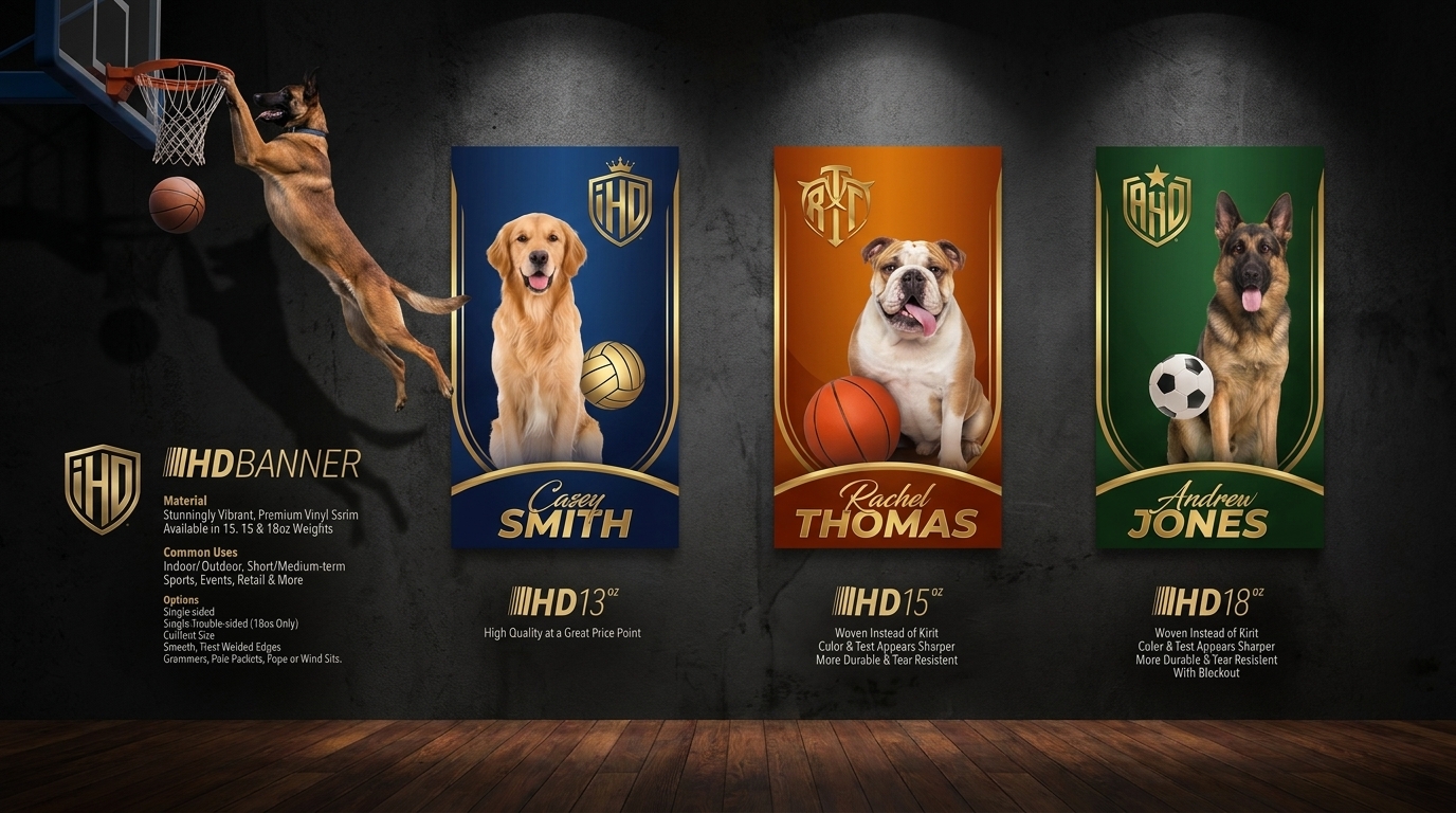 Catalog spread of HD banner designs with sports and pet portrait banners