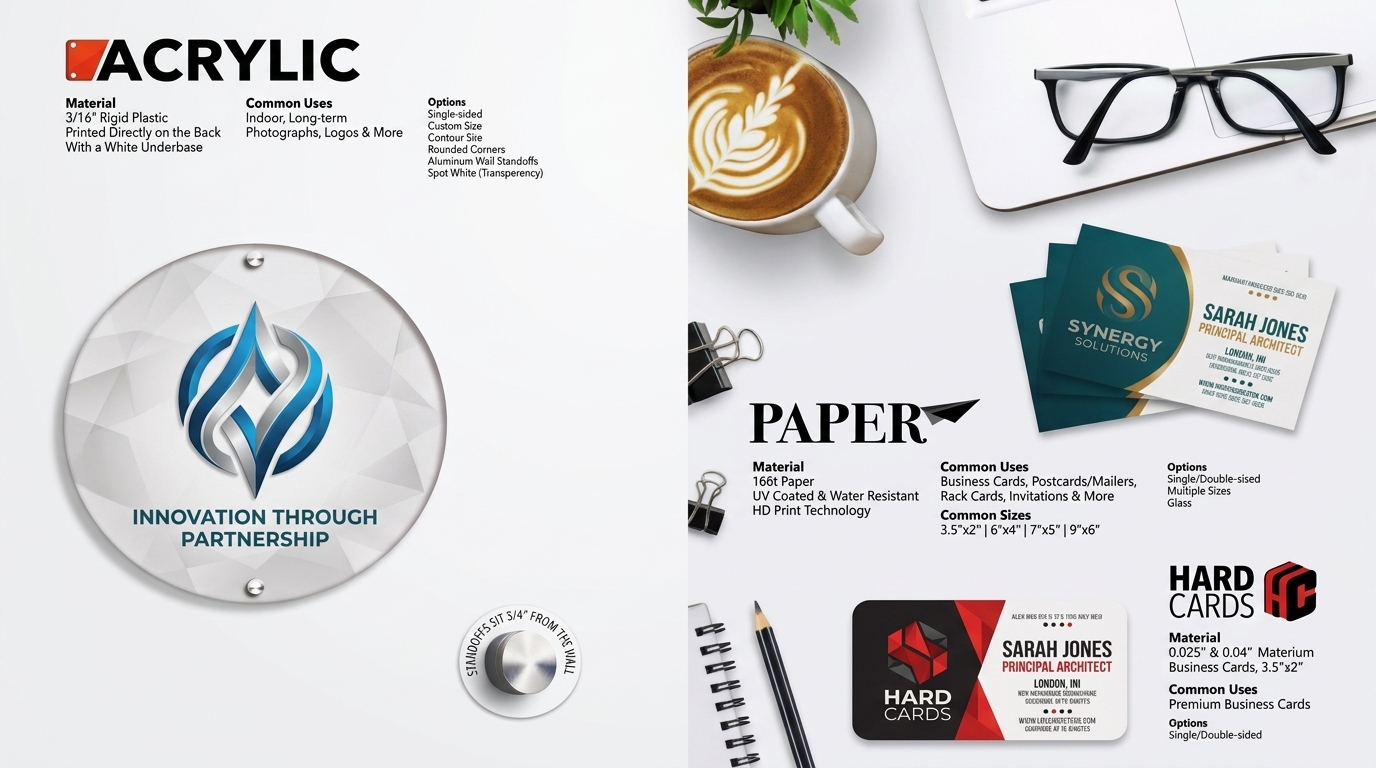 Catalog page with acrylic logo sign, paper menu prints and hard cards styled on a desk