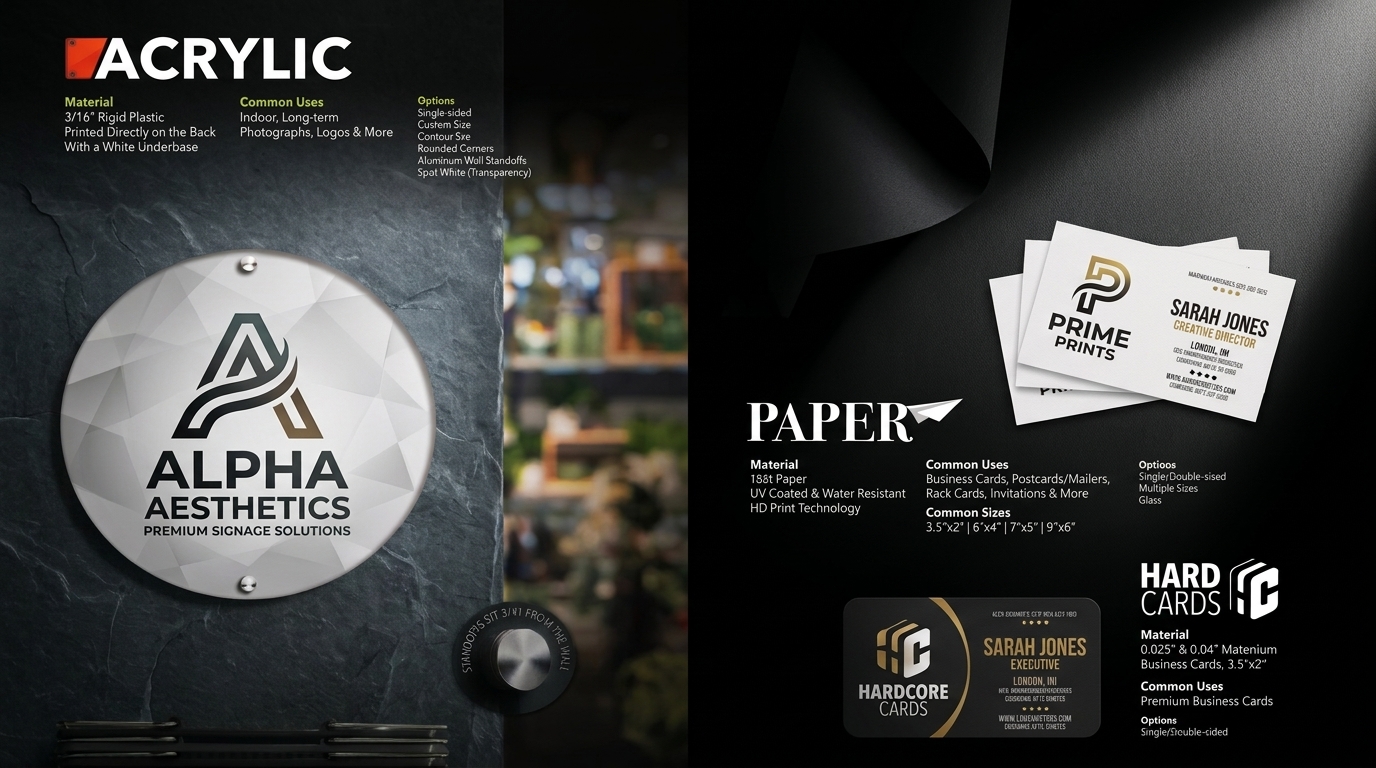 Catalog spread showing an acrylic disc sign, paper prints and aluminum hard card business cards