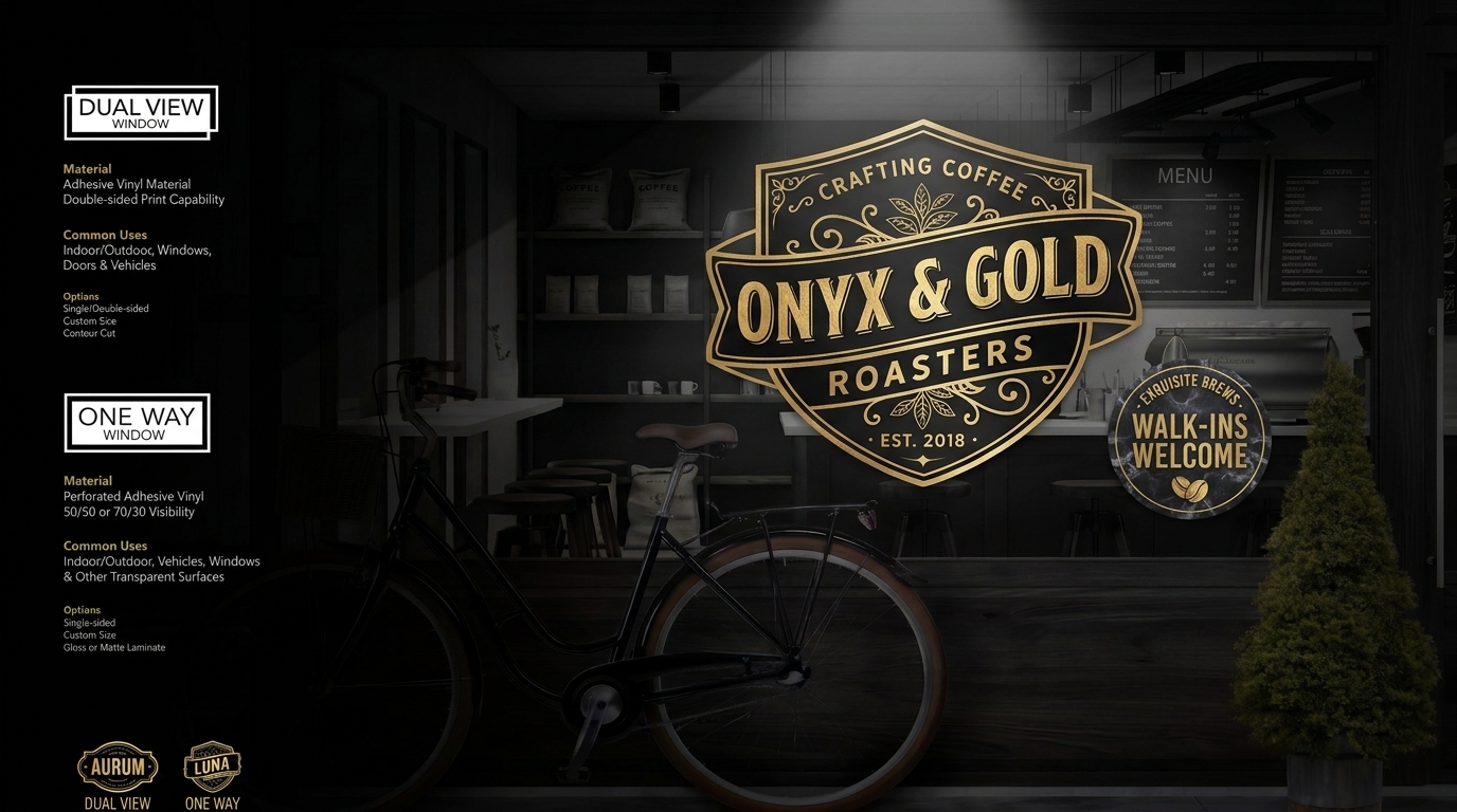 Catalog spread with Onyx and Gold Roasters storefront sign mockup on a dark cafe wall