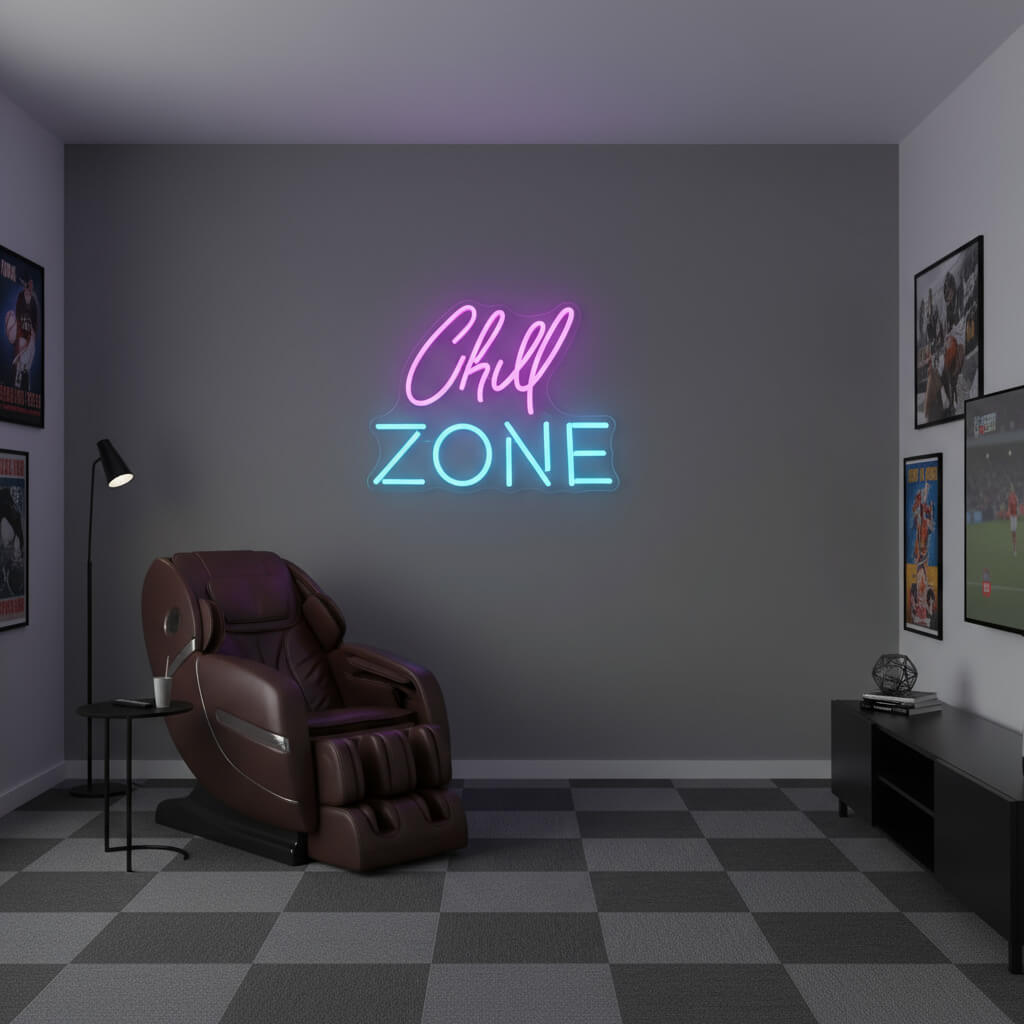 Chill Zone Man Cave LED Neon Sign shown in a room setting