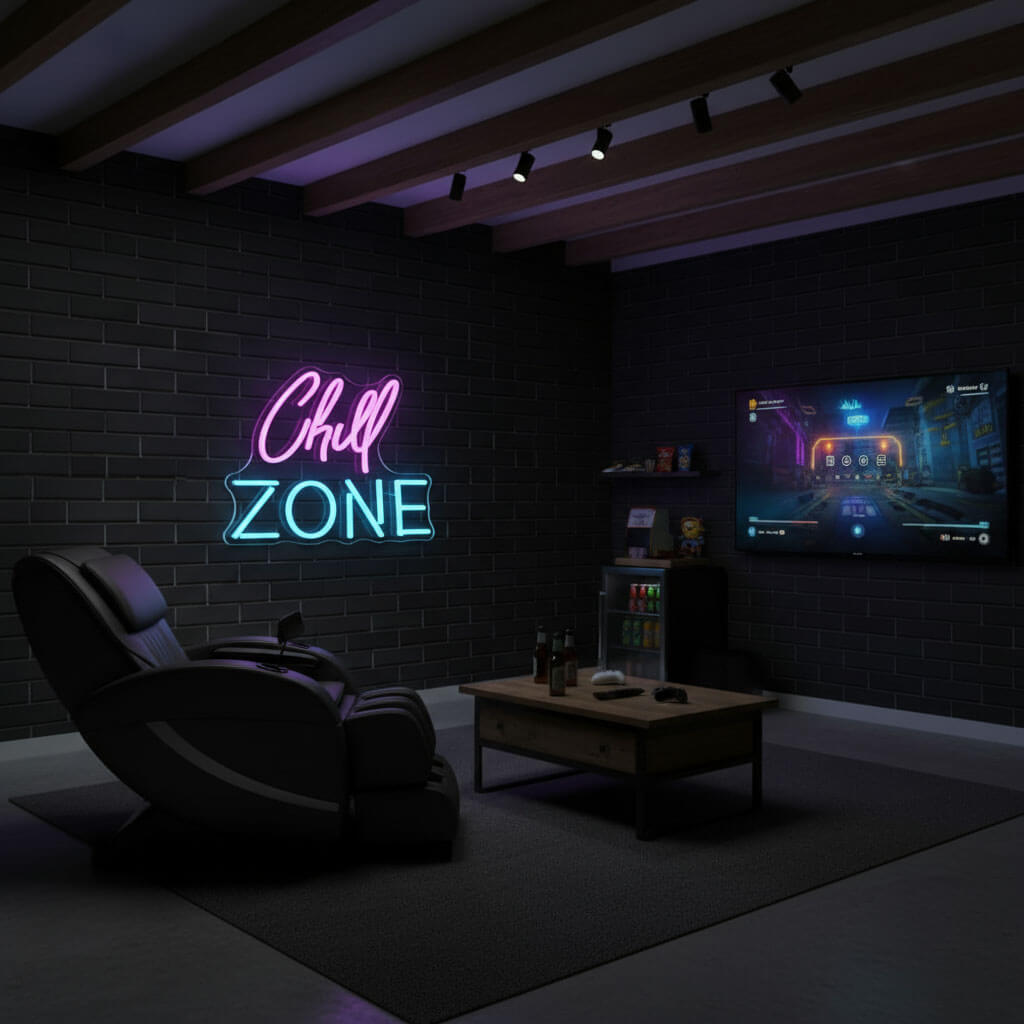 Chill Zone Man Cave LED Neon Sign shown in a room setting