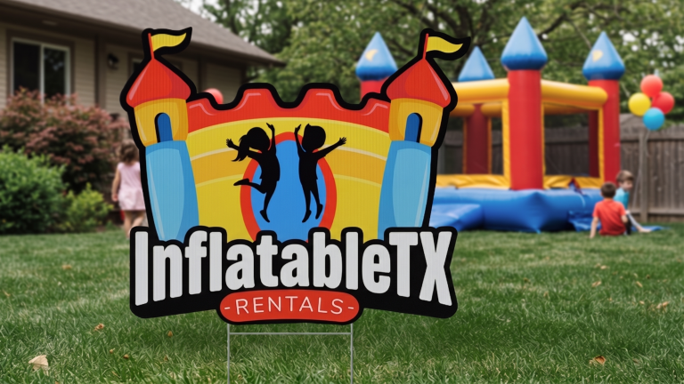 custom printed corrugated sign with contour-cut bounce house logo staked in a backyard lawn