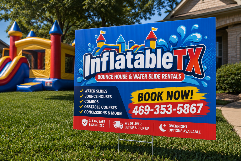 InflatableTX bounce house and water slide rental corrugated yard sign in front of an inflatable castle