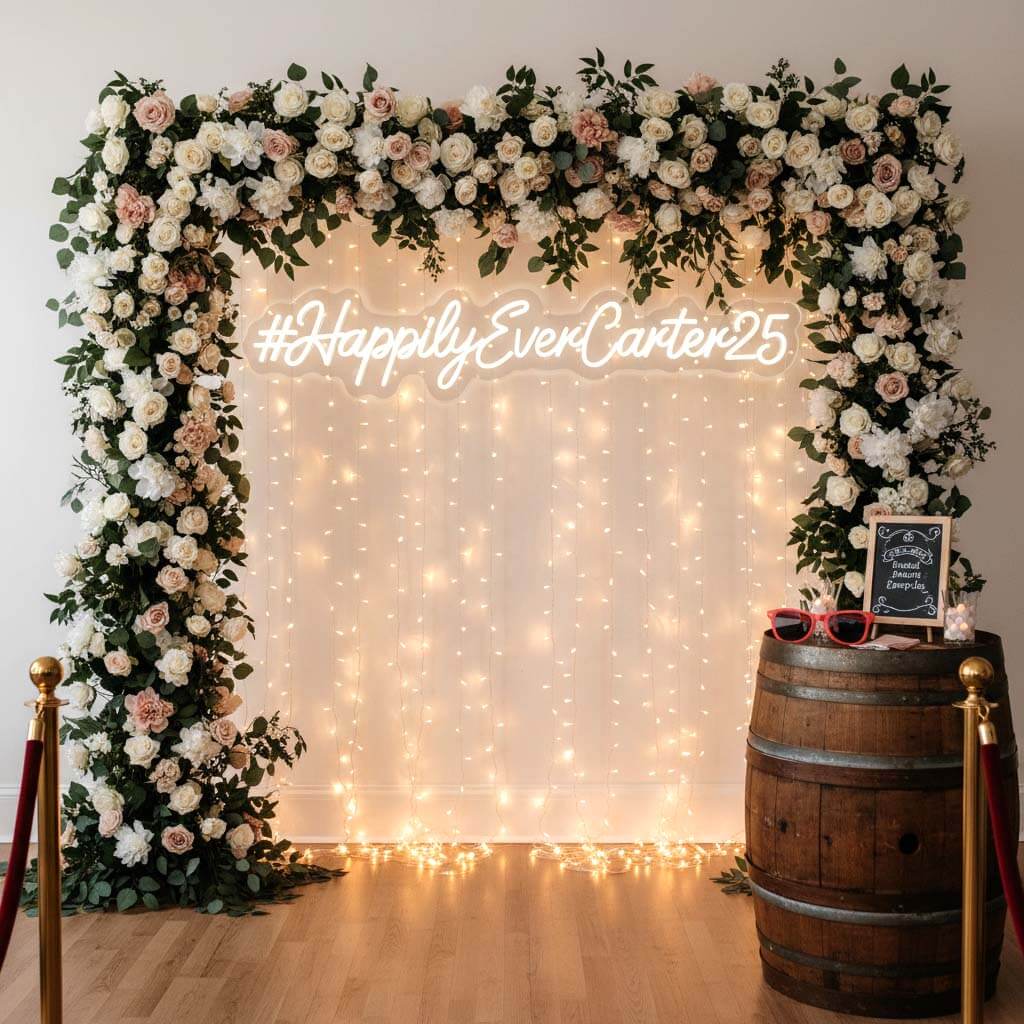 Custom Hashtag Wedding Neon Sign shown in a room setting