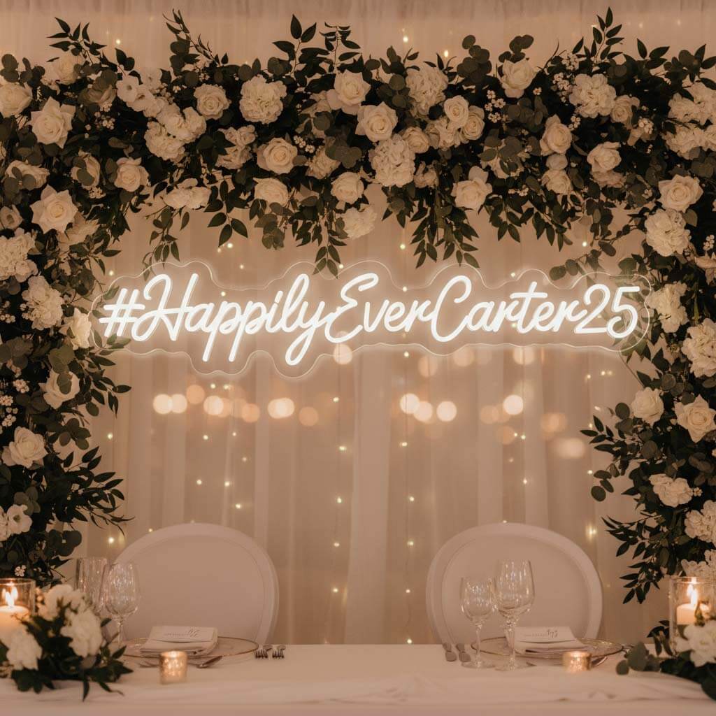 Custom Hashtag Wedding Neon Sign shown in a room setting