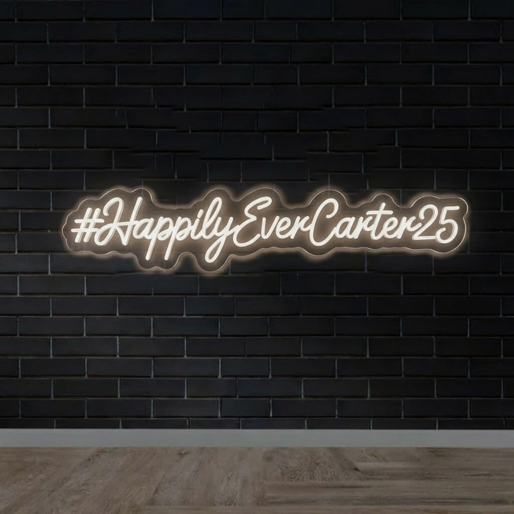 Custom Hashtag Wedding Neon Sign shown in a room setting