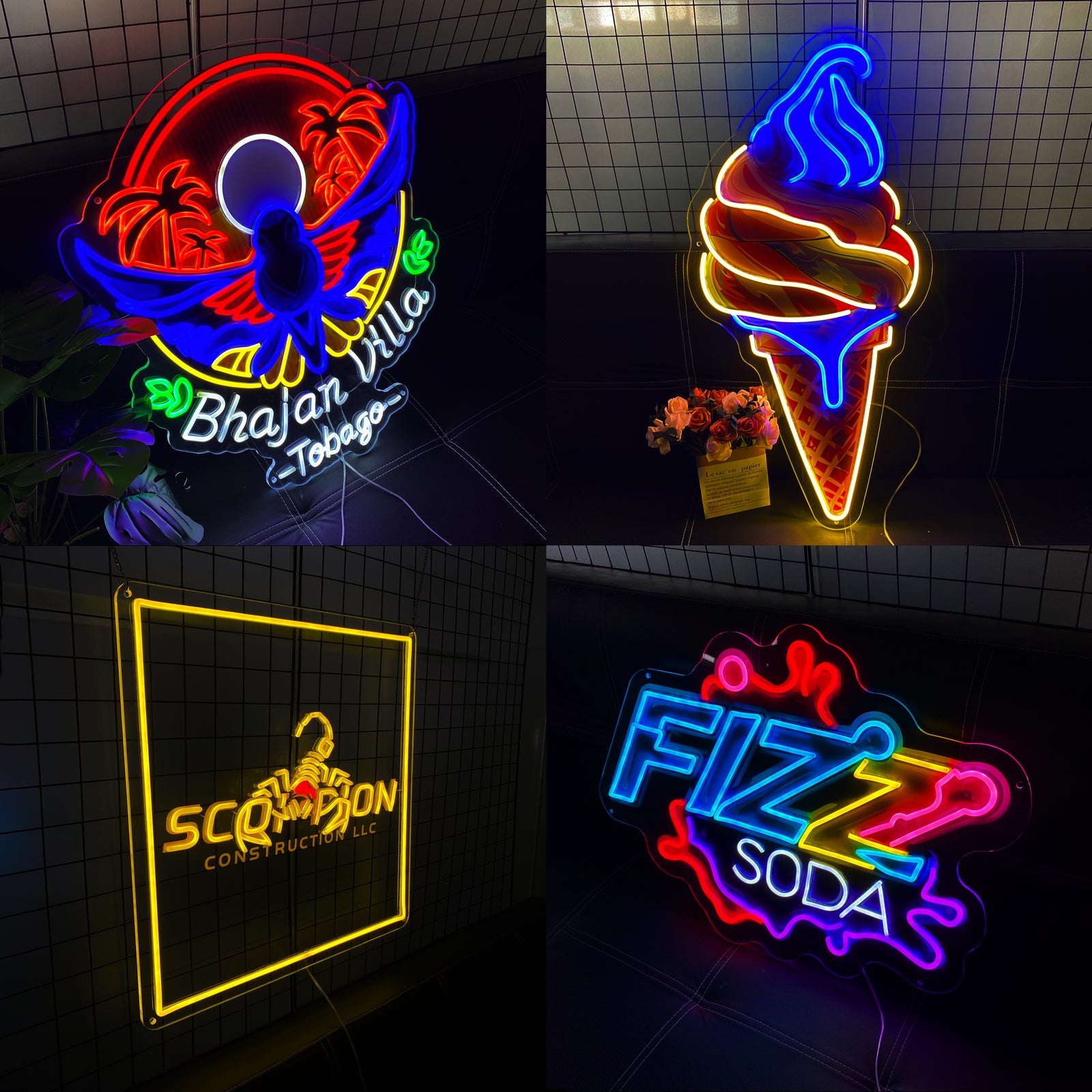 Collage of custom LED neon signs including business logos and decorative designs