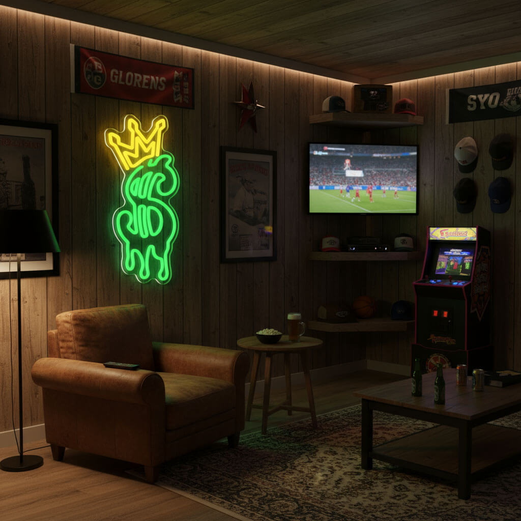Dollar King Crown Man Cave LED Neon Sign shown in a room setting